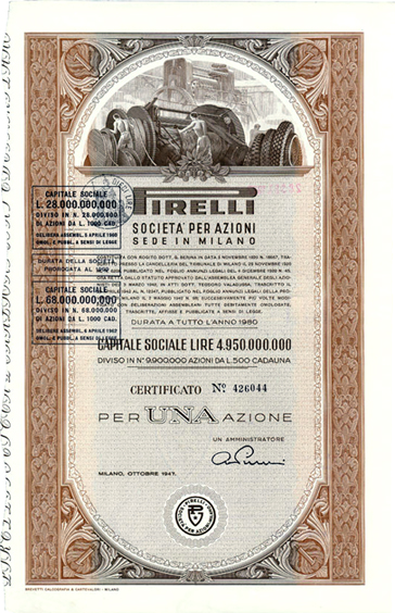 Pirelli stock certificate 1947